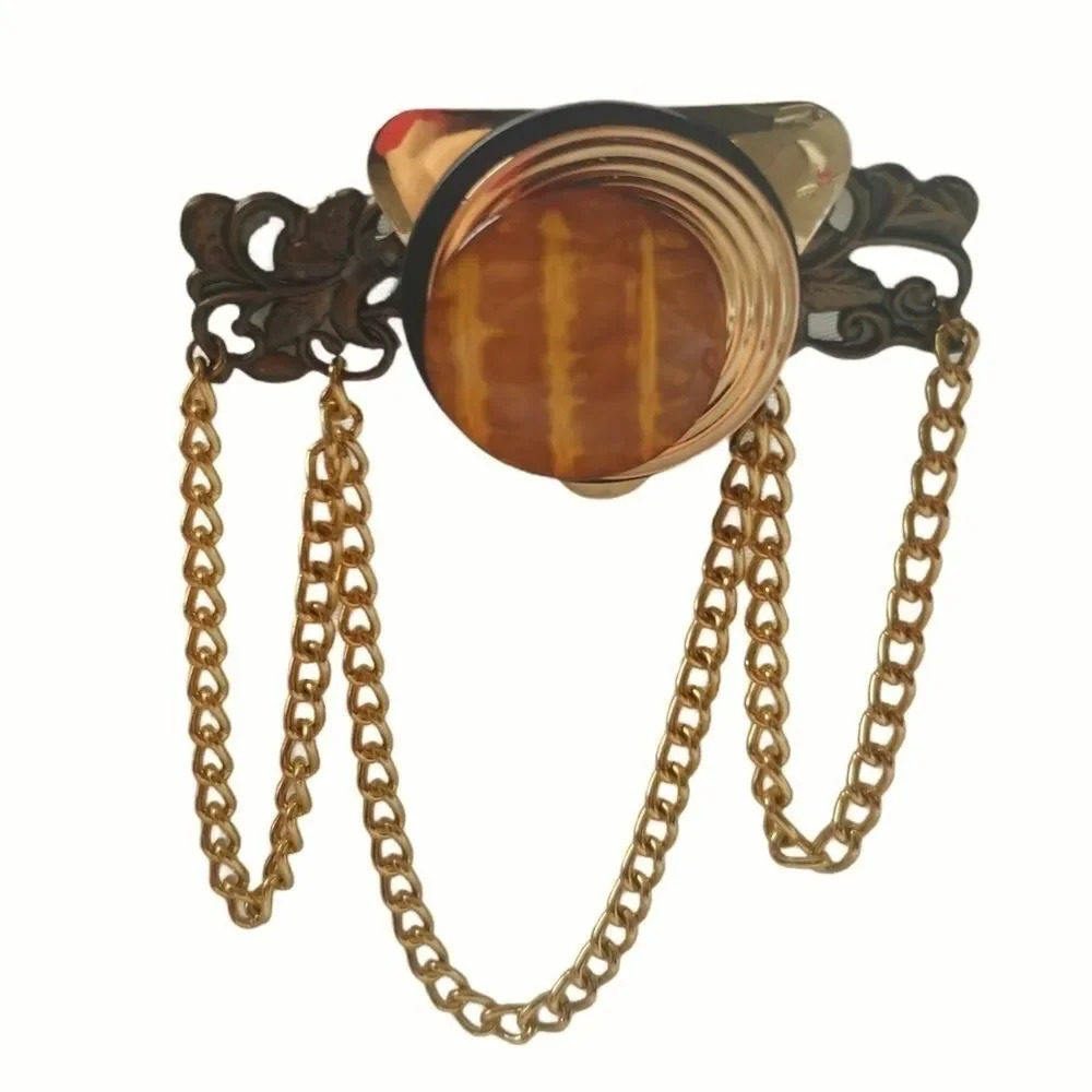 Art Deco Style Pin, Gold, Amber Resin, Chains